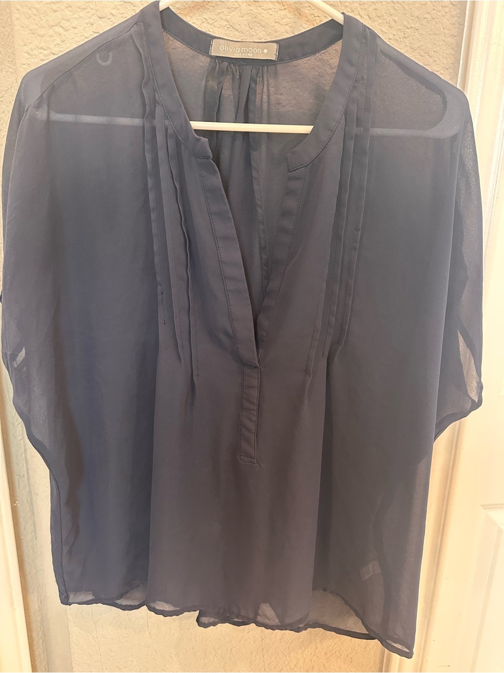 Olivia Moon Navy Sheer Pintuck Split-Neck Blouse